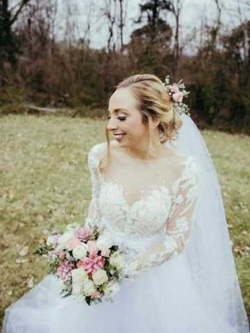 Vestidos de noiva estilo boho com mangas compridas, tule, missangas, renda floral e transparente, MW489