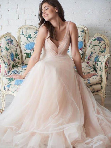 NumberSea Schlichtes Tüll-Ballkleid A-Linie Brautkleider V-Ausschnitt Brautkleid, MW491
