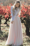 Robe de mariée deux pièces à manches longues en dentelle rose pâle pour mariage sur la plage, MW496