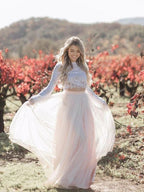 Lace Two Piece Long Sleeve Wedding Dresses Blush Pink Beach Wedding Dress,MW496