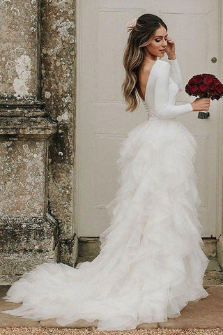 NumberSea Schlichtes Brautkleid mit langen Ärmeln, Elfenbeinweiß und Rüschenrock, MW497
