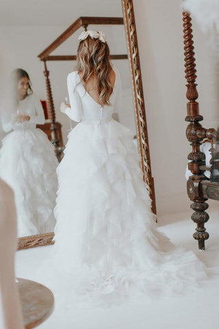NumberSea Schlichtes Brautkleid mit langen Ärmeln, Elfenbeinweiß und Rüschenrock, MW497