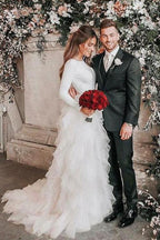 NumberSea Schlichtes Brautkleid mit langen Ärmeln, Elfenbeinweiß und Rüschenrock, MW497