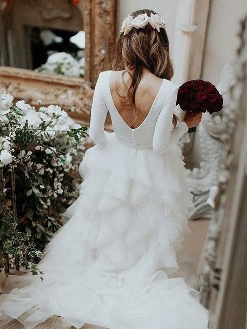 NumberSea Schlichtes Brautkleid mit langen Ärmeln, Elfenbeinweiß und Rüschenrock, MW497