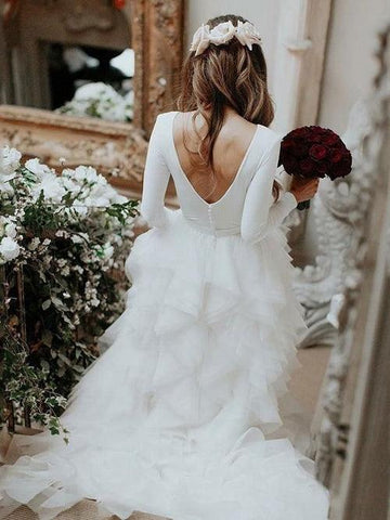 NumberSea Schlichtes Brautkleid mit langen Ärmeln, Elfenbeinweiß und Rüschenrock, MW497