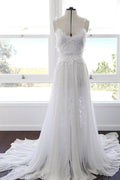 NumberSea Sweetheart Bianco Chiffon Spaghetti Strap Pizzo Abiti da Sposa da Spiaggia, MW498