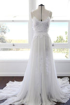 NumberSea Sweetheart Bianco Chiffon Spaghetti Strap Pizzo Abiti da Sposa da Spiaggia, MW498
