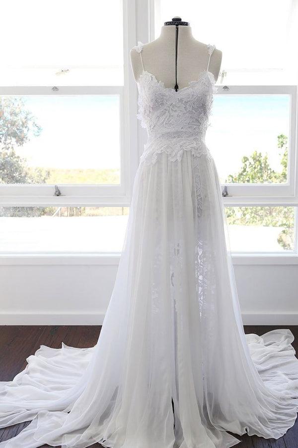NumberSea Sweetheart Bianco Chiffon Spaghetti Strap Pizzo Abiti da Sposa da Spiaggia, MW498