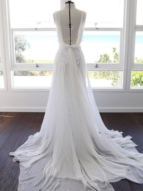 NumberSea Sweetheart Bianco Chiffon Spaghetti Strap Pizzo Abiti da Sposa da Spiaggia, MW498