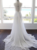 NumberSea Sweetheart Bianco Chiffon Spaghetti Strap Pizzo Abiti da Sposa da Spiaggia, MW498