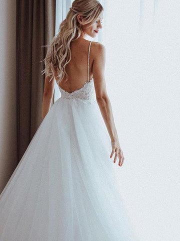 Vestidos de noiva exclusivos NumberSea, corte A, tule, alças finas, costas nuas, online, MW499