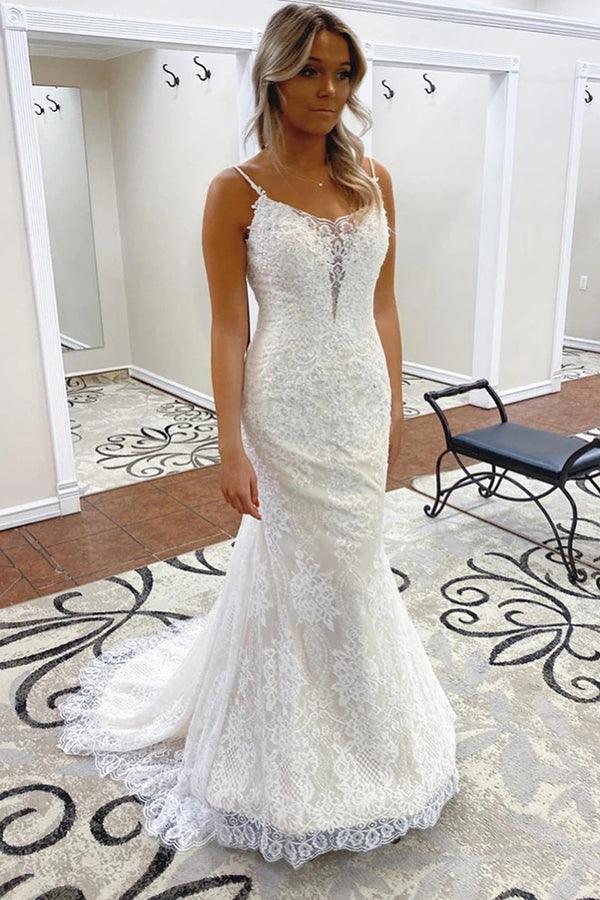 NumberSea Abito da Sposa Tromba/Sirena Spaghetti Strap Pizzo Abiti da Sposa Senza Schienale, MW500