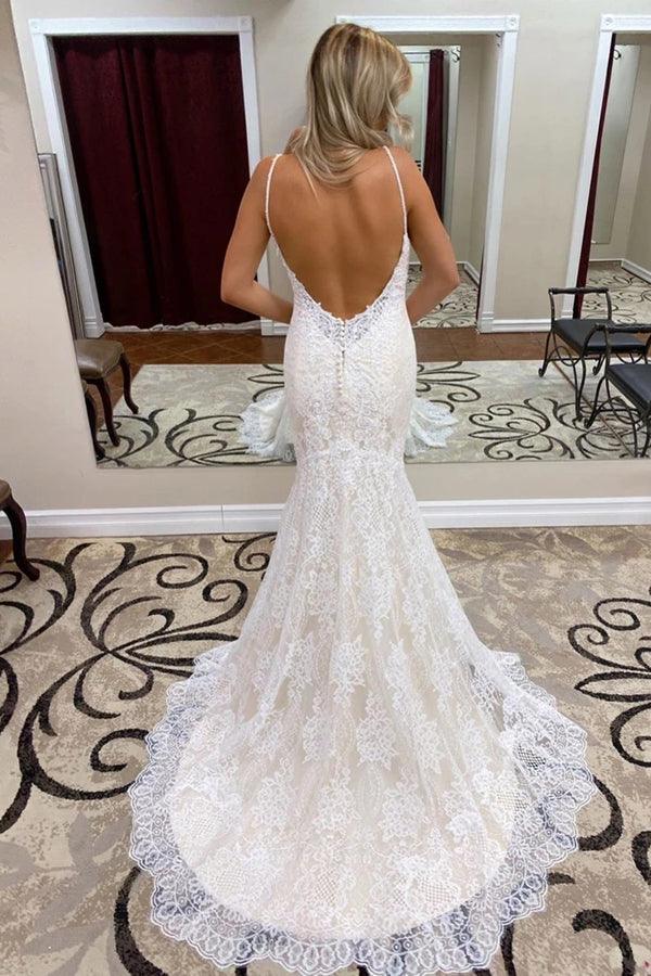 NumberSea Abito da Sposa Tromba/Sirena Spaghetti Strap Pizzo Abiti da Sposa Senza Schienale, MW500