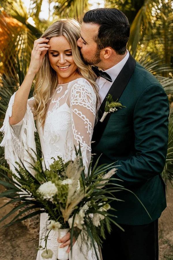 NumberSea Sheath Bateau Robe de Mariée à Manches Longues Robes de Mariée Boho Campagne, MW503
