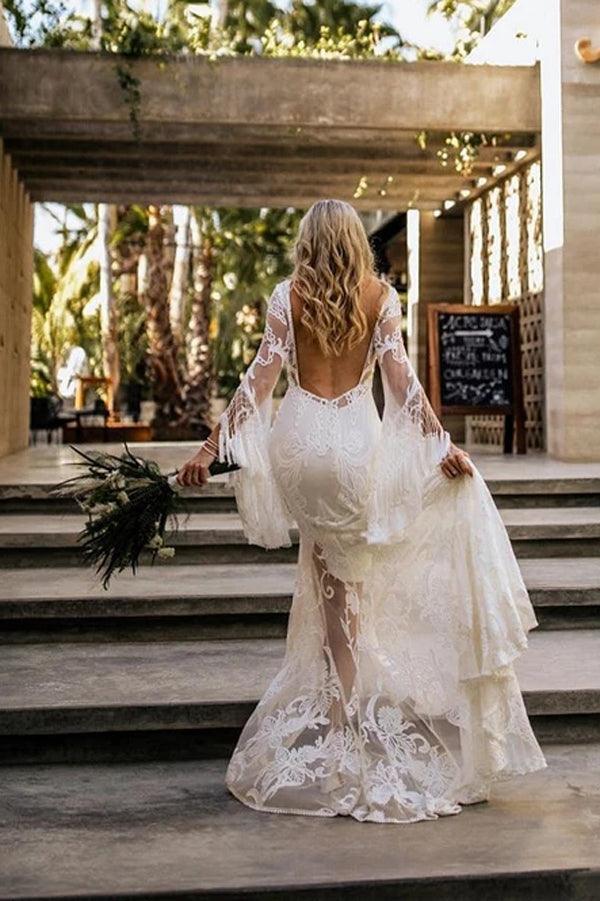 NumberSea Sheath Bateau Robe de Mariée à Manches Longues Robes de Mariée Boho Campagne, MW503