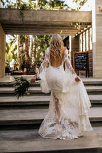 NumberSea Sheath Bateau Robe de Mariée à Manches Longues Robes de Mariée Boho Campagne, MW503