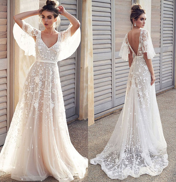 Ivory V Neck Beach Wedding Dresses with Lace Appliques, Bridal Dresses, MW512