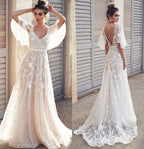 Ivory V Neck Beach Wedding Dresses with Lace Appliques, Bridal Dresses, MW512