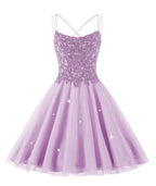 Funkelndes Tüll-Heimkehrkleid kurz für Teenager Spitzen Perlen Cocktailkleid für Junioren Y2424