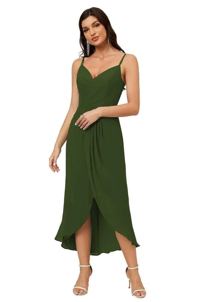 Numbersea Spaghetti-Träger Chiffon V-Ausschnitt Brautjungfernkleid Mittellanger Schlitz Formelles Abschlussballkleid Homecoming-Kleid 2803