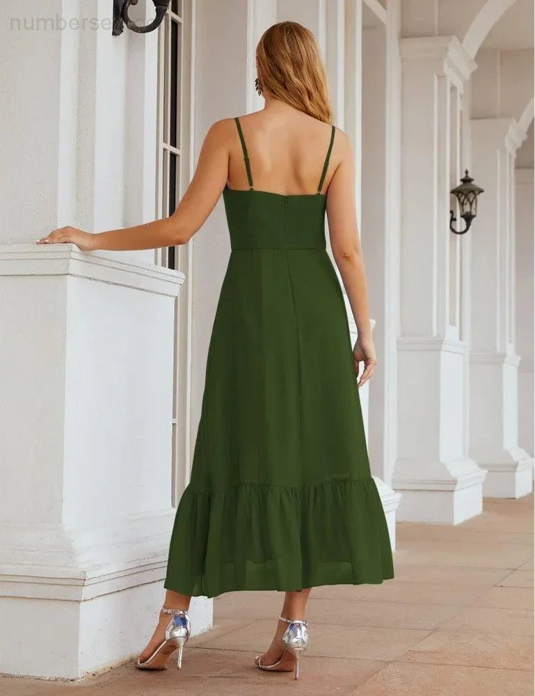 Numbersea Spaghetti-Träger Chiffon Brautjungfernkleid Knöchellänge Formell A-Linie Cocktail Party Homecoming-Kleid für Juniorinnen SEA28028