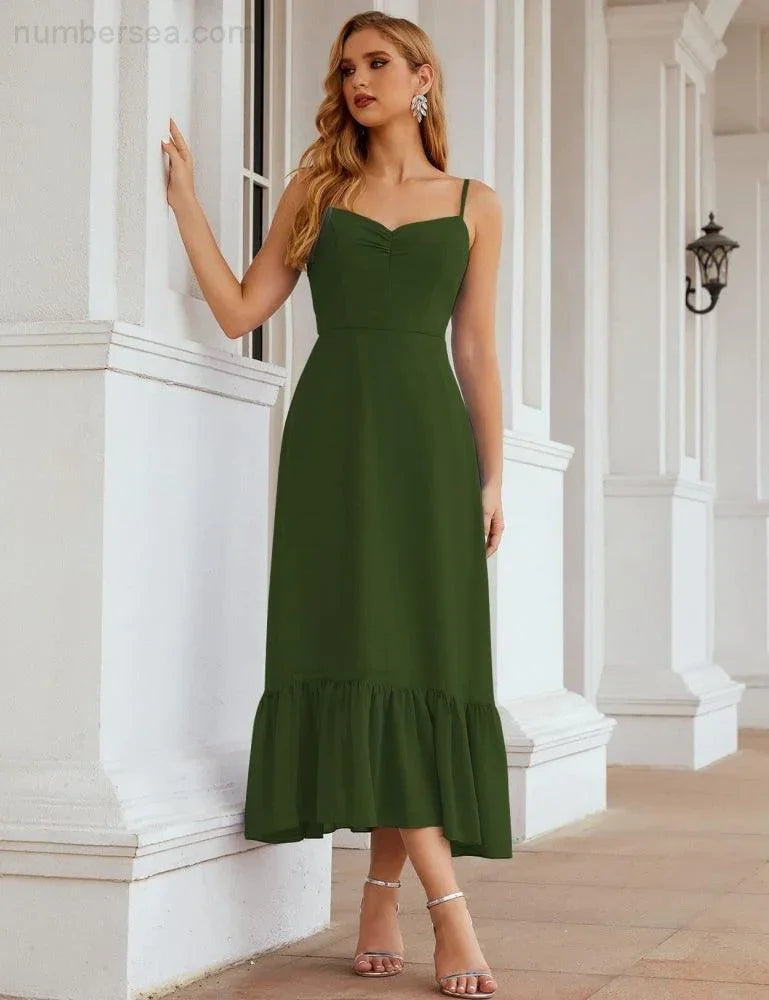 Numbersea Spaghetti-Träger Chiffon Brautjungfernkleid Knöchellänge Formell A-Linie Cocktail Party Homecoming-Kleid für Juniorinnen SEA28028