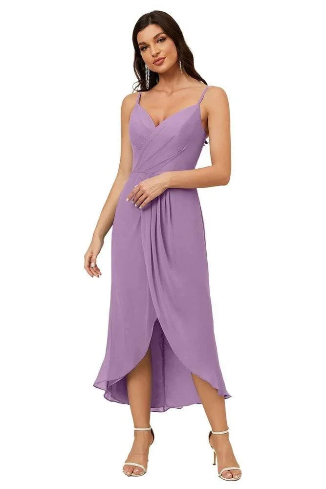 Numbersea Spaghetti-Träger Chiffon V-Ausschnitt Brautjungfernkleid Mittellanger Schlitz Formelles Abschlussballkleid Homecoming-Kleid 2803