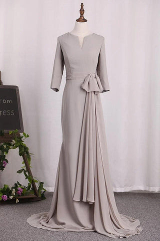 Kleider für die Brautmutter, Meerjungfrau, 3/4-Ärmel, Chiffon, U-Ausschnitt, mit Schärpe