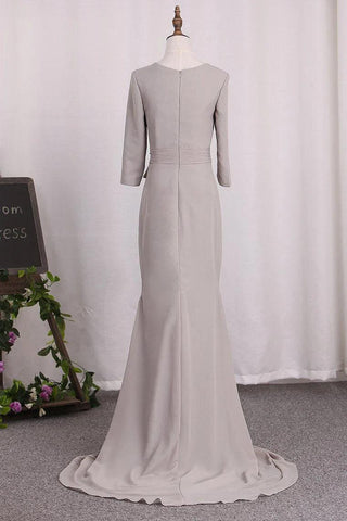 Kleider für die Brautmutter, Meerjungfrau, 3/4-Ärmel, Chiffon, U-Ausschnitt, mit Schärpe