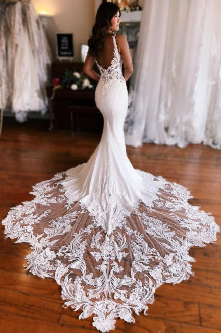 Nixen-Fantastisches bodenlanges fleckenbeständiges V-Ausschnitt ärmelloses Spitzen-Brautkleid mit Applikationen