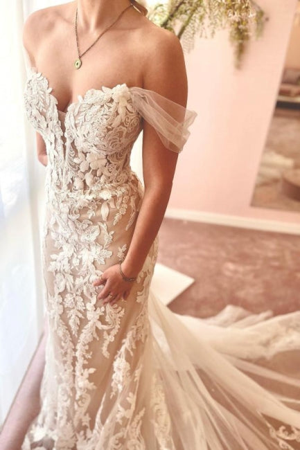Nixen-Fantastisches Tüll-Süßherz-Trägerloses Bodenlanges Brautkleid mit Applikationen