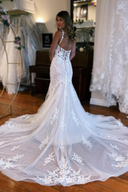 Meerjungfrau-Bodenlanges Tüll-Brautkleid mit Spaghettiträgern, Herzausschnitt und Applikationen