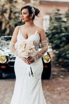 Meerjungfrau-Bodenlanges Brautkleid mit Herz-Ausschnitt, Applikationen, Spaghettiträgern und Spitze