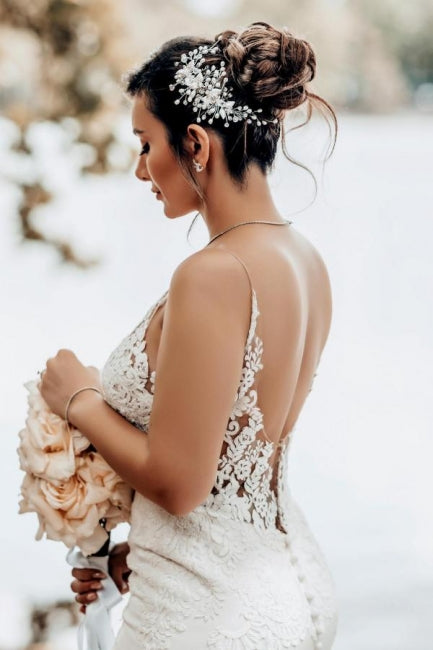 Meerjungfrau-Bodenlanges Brautkleid mit Herz-Ausschnitt, Applikationen, Spaghettiträgern und Spitze