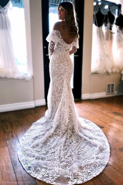 Nixen-Spitzen-Langarm-Elegantes Brautkleid