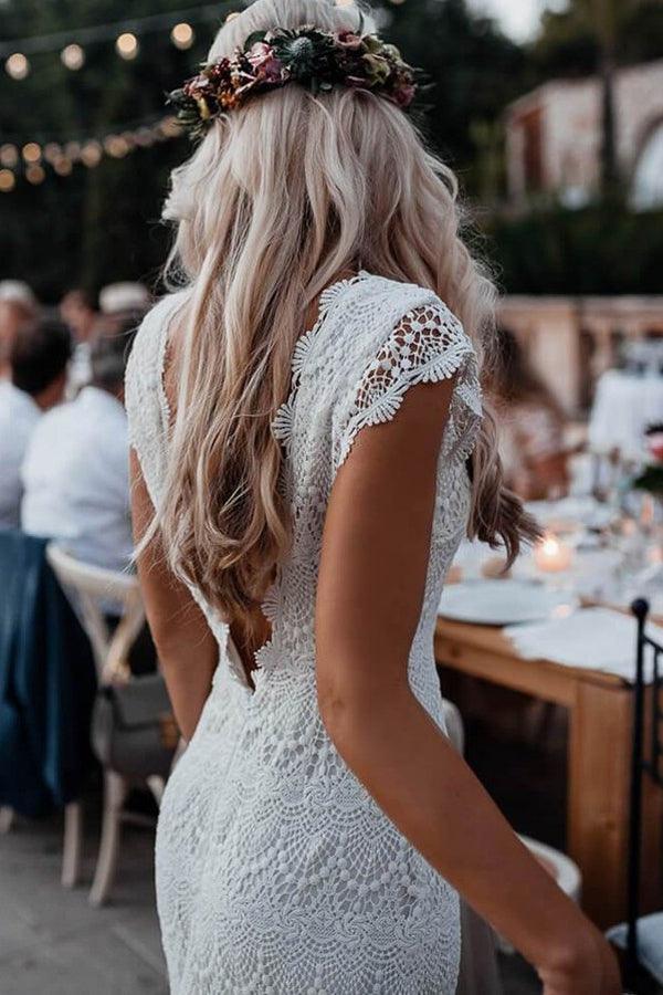 Nixen-Rückenfreies Spitzen-Boho-Kurzarmkleid Bohemian Brautkleid