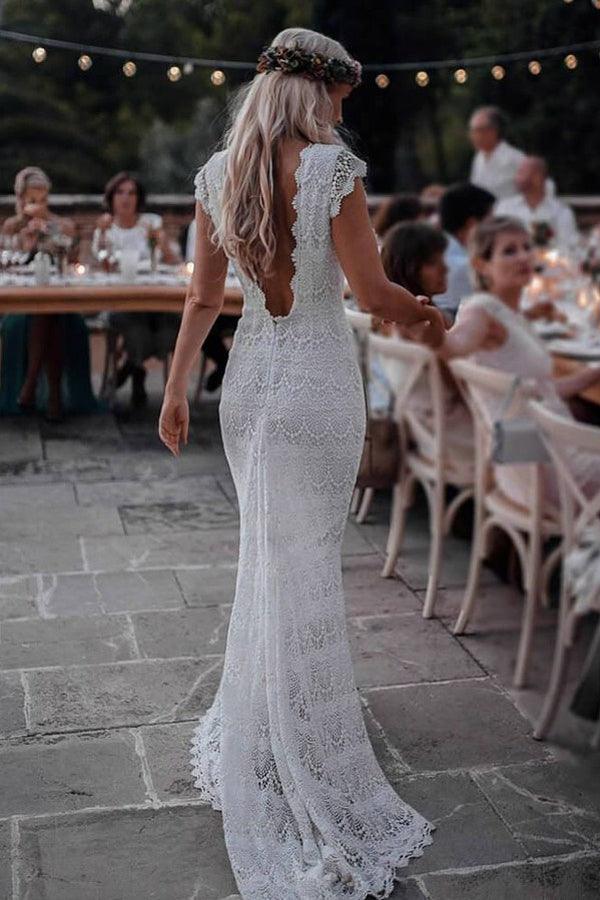 Nixen-Rückenfreies Spitzen-Boho-Kurzarmkleid Bohemian Brautkleid