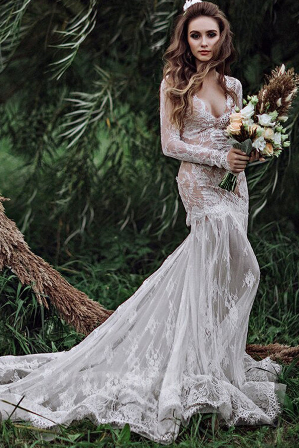 Nixen-Rückenfreies Langarm-Spitzen Bohemian Hochzeitskleid