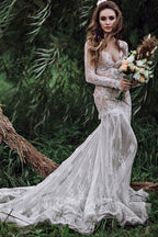 Nixen-Rückenfreies Langarm-Spitzen Bohemian Hochzeitskleid