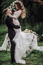 Nixen-Rückenfreies Langarm-Spitzen Bohemian Hochzeitskleid