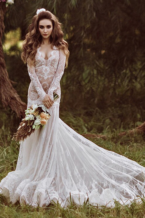 Nixen-Rückenfreies Langarm-Spitzen Bohemian Hochzeitskleid