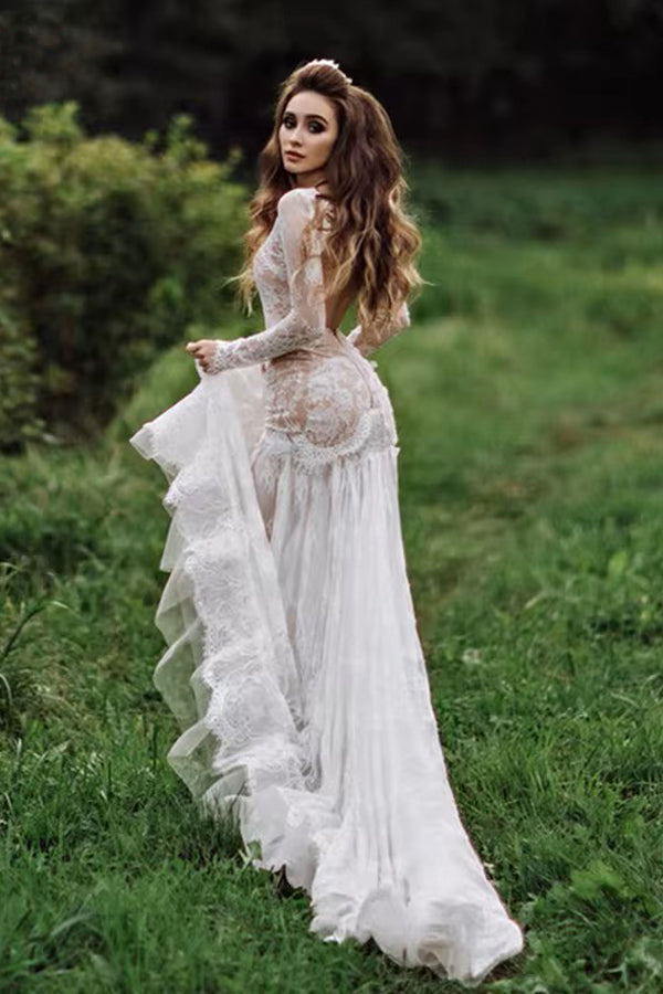 Nixen-Rückenfreies Langarm-Spitzen Bohemian Hochzeitskleid