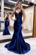 Abito da Ballo Sirena Scollatura a V Profonda Satin Blu Marina con Appliques PSK557