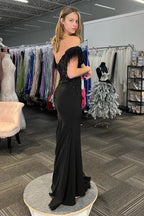 Mermaid Feathered Off the Shoulder Corset Black Prom Dress PSK628