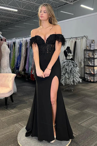 Mermaid Feathered Off the Shoulder Corset Black Prom Dress PSK628