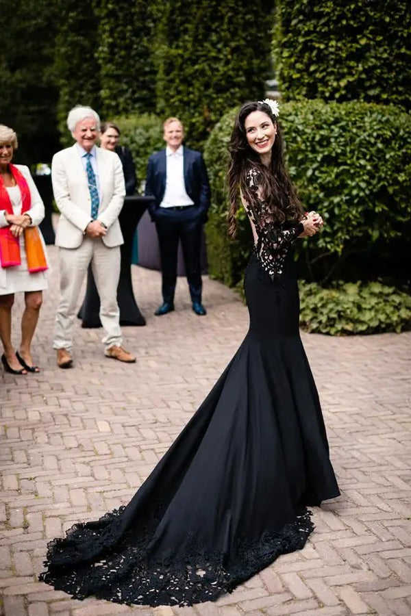 Nixen-Floral-Schwarzes Brautkleid mit langen Ärmeln