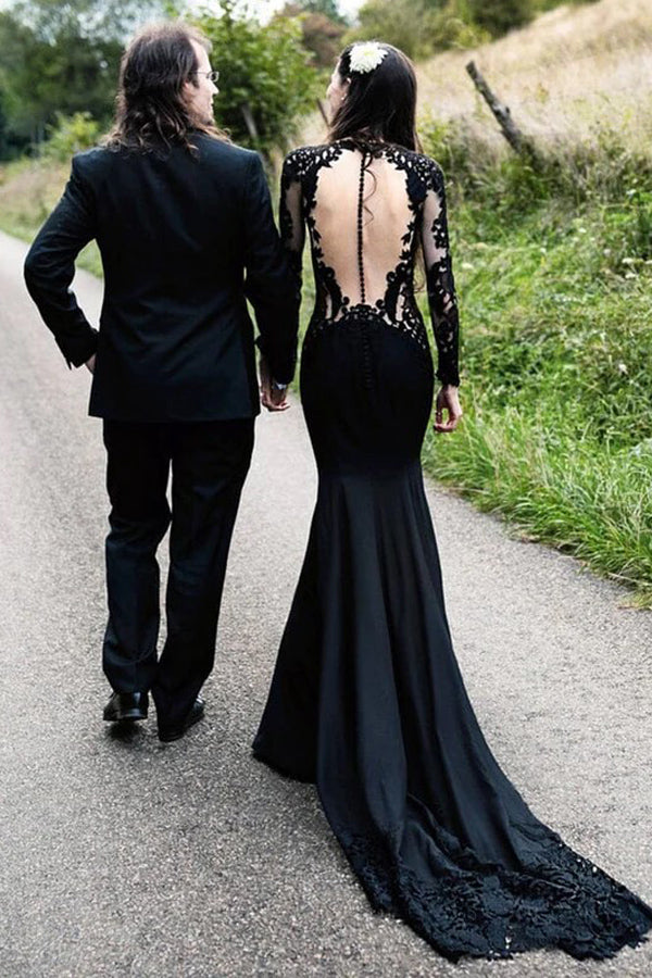 Nixen-Floral-Schwarzes Brautkleid mit langen Ärmeln