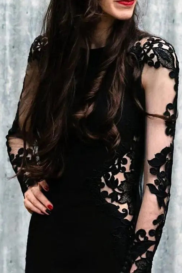 Nixen-Floral-Schwarzes Brautkleid mit langen Ärmeln