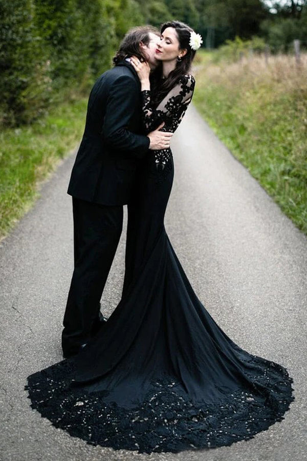 Nixen-Floral-Schwarzes Brautkleid mit langen Ärmeln