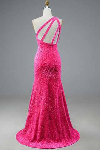 Mermaid Glitter One-Shoulder Backless Prom Dress With Sequins PSK386